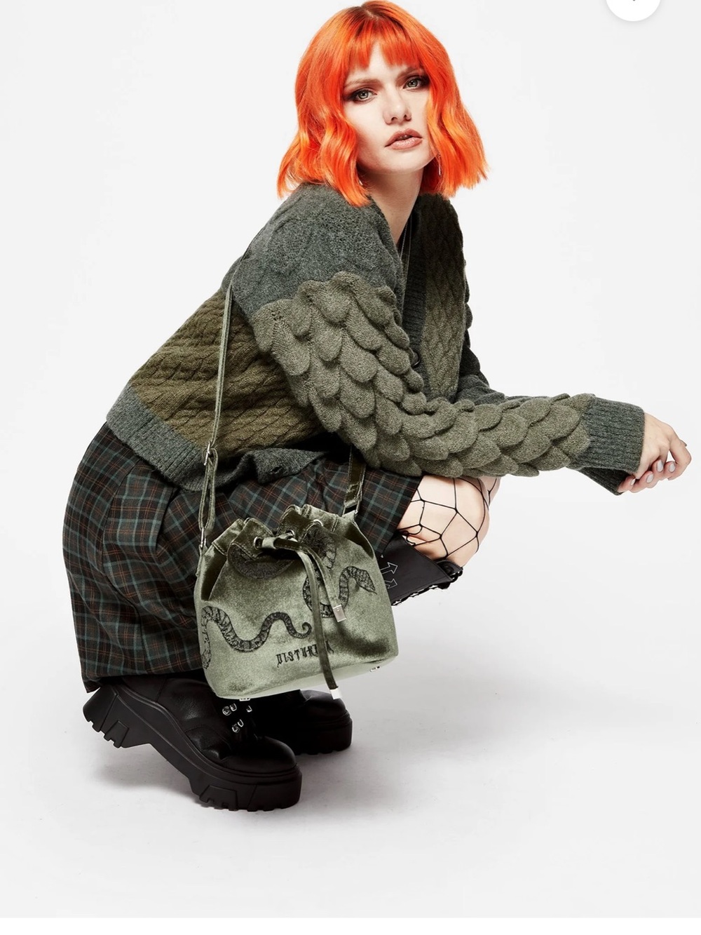 Disturbia Olive Green Velvet Drawstring Snake Bucket Bag - Picture 3 of 13